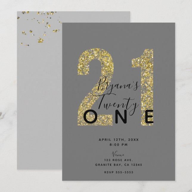 Convites Flocos de Ouro Cinza Mínimo Brilho 21 Aniversário  (Frente/Verso)