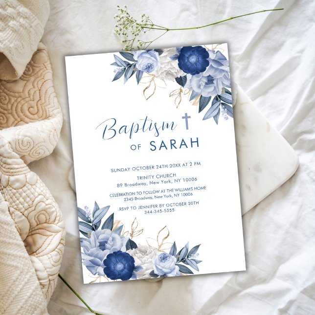 Convites Flor Azul Elegante Batismo Christening Cross (Elegant Blue Flower Baptism Christening Cross Invitation)