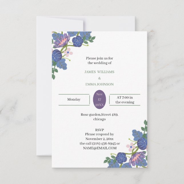 Convites Flor Azul Elegante de Casamento Personalizado (Frente)
