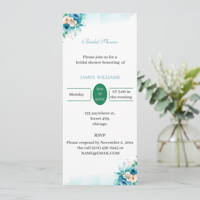 Convites Flor Azul Elegante do Chá de panela Personalizado (Em pé/Frente)