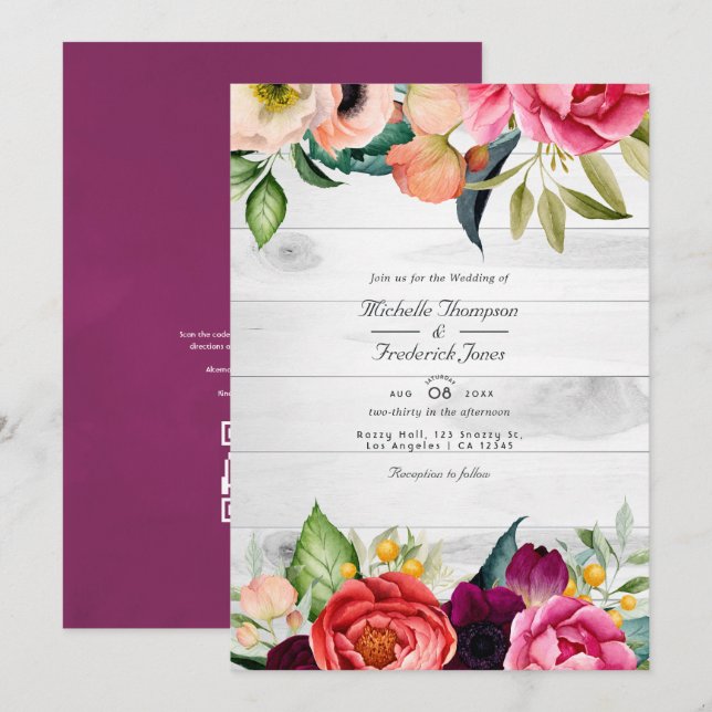 Convites Flor Boho Rústico Boêmio Código QR RSVP Casamento  (Frente/Verso)