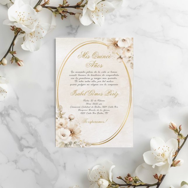Convites Flor branca bege Quinceanera espanhola (Criador carregado)
