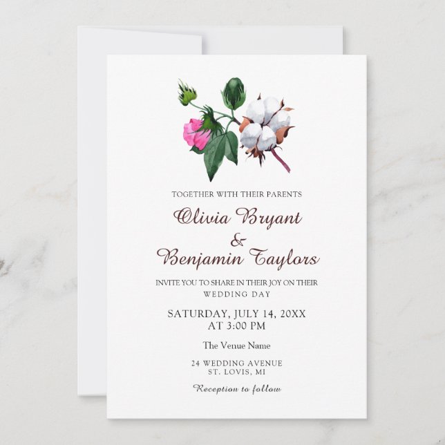 Convites Flor branca de algodão. Casamento Rustic Chic Natu (Frente)