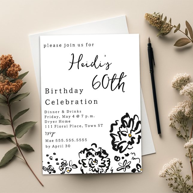 Convites Flor Branca e Preta Moderna 60º Aniversário (Modern Simple Black and White Flower 60th Birthday Invitation)
