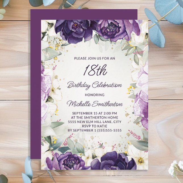Convites Flor Branca Elegante Roxo Brilhante 18º Aniversári (Purple floral women's 18th birthday party invitation)