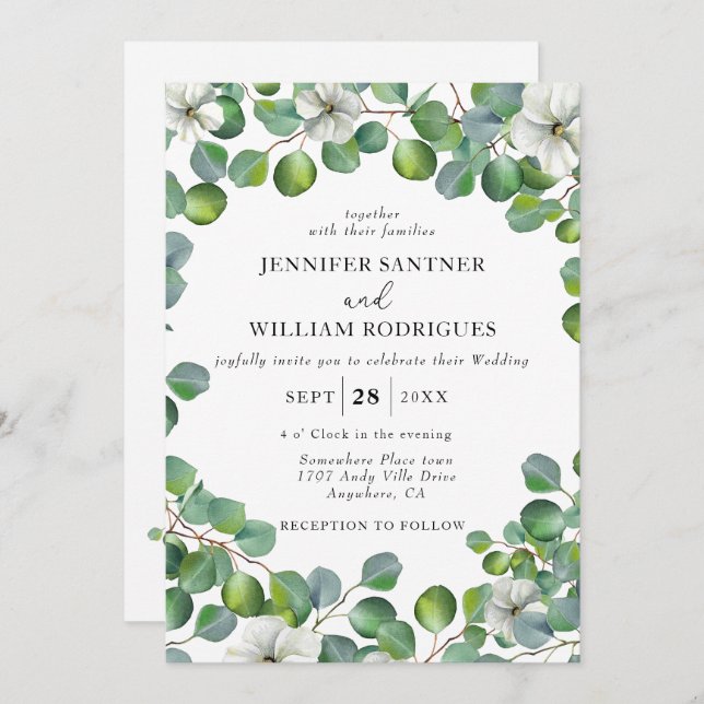 Convites Flor Branca Rústica e Casamento Eucalyptus (Frente/Verso)