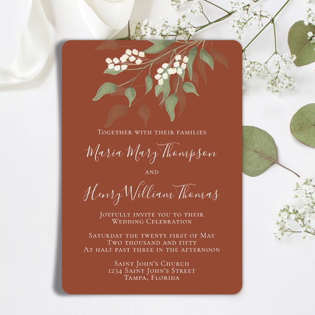 Convites Flor Branco Floral Terracotta Elegante (Terracotta elegant wedding invitation with watercolor greenery and foliage. )