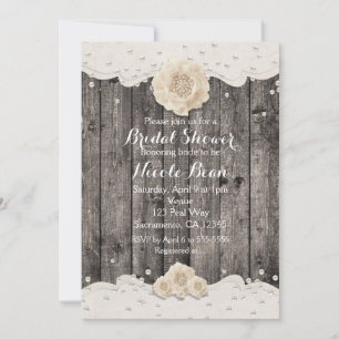 Convites Flor Branco Romântico e Pérolas Madeira Rústica