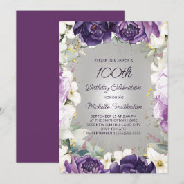 Convites Flor Branco Roxo Elegante Brilhante 100º Aniversár
