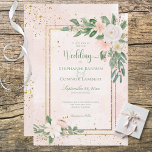 Convites Flor Cor-de-rosa e branco embebido com casamento D<br><div class="desc">Linda pincelada e flores brancas, elogiadas pelo simples sotaque verde de dois cantos deste convite. O design está sobre um fundo de aquarela com pincel suave e é acentuado por caixas de brilho douradas falsas e esplatters dourados falsos. Os carregares traseiros sobre o fundo da aquarela e o ouro. Simples,...</div>