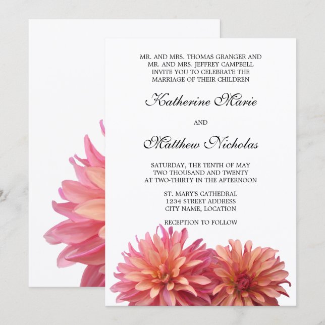 Convites Flor Dahlia pintada em rosa e coral (Frente/Verso)