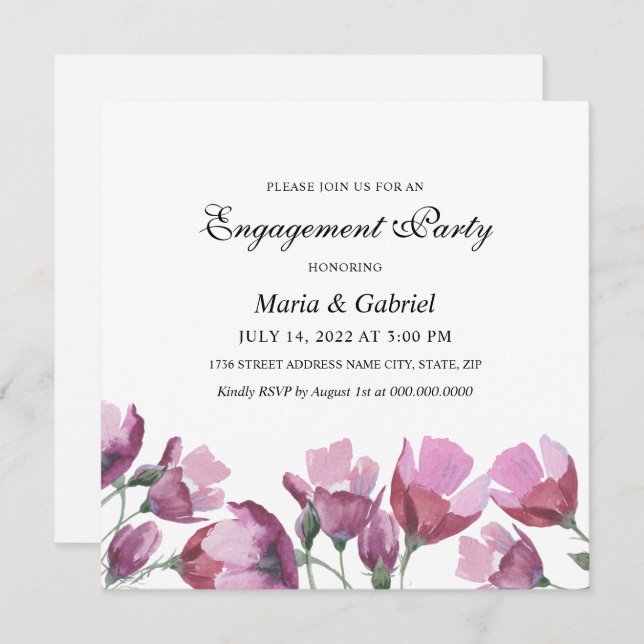 Convites Flor de aquarela roxa. Festa de noivado  (Frente/Verso)