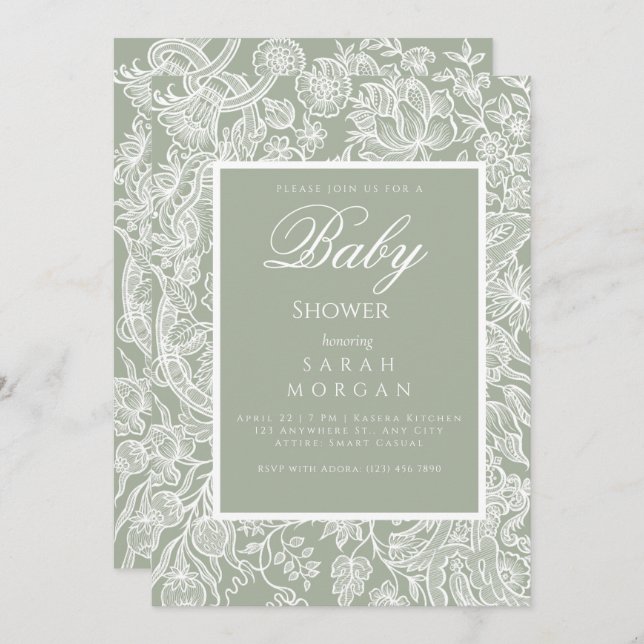 Convites Flor de Arte Verde Simples Sage (Frente/Verso)