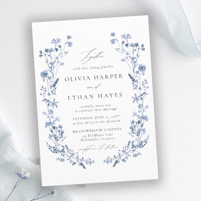 Convites Flor de Campo Azul Delicado Caprichoso Casamento E (wildflower wedding theme blue invitation watercolor garden backyard barn summer spring elegant chic)