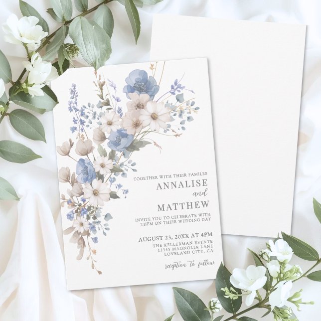 Convites Flor de Campo Azul Poeira Elegante Casamento Flora (Elegant Dusty Blue Wildflower Floral Wedding Invitation )