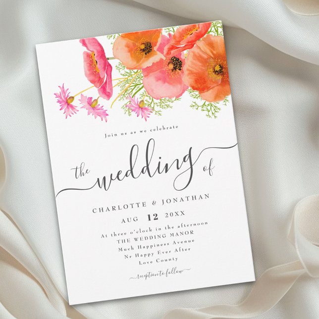 Convites Flor de Campo Boho Floral Vibrante Rosa Laranja Ca (Modern vibrant garden floral bouquet orange pink wedding invitation)