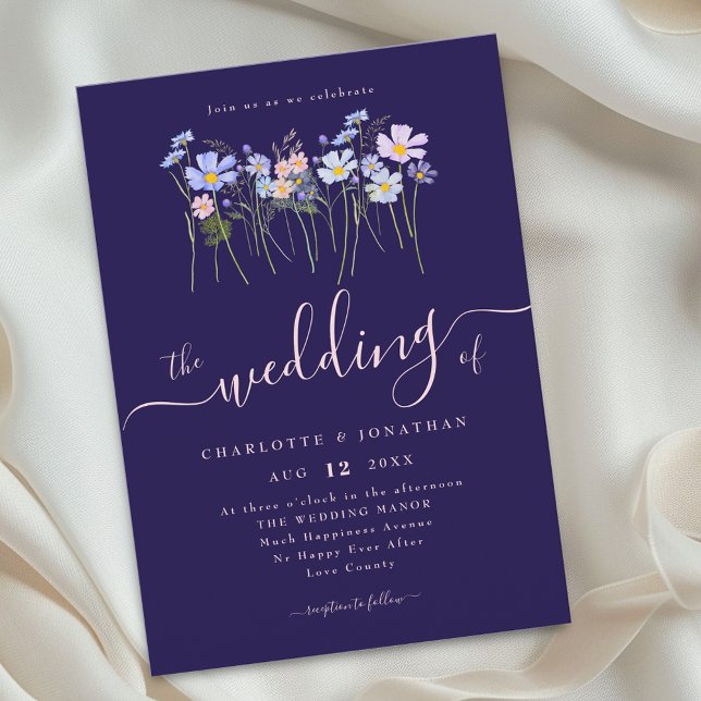 Convites Flor de Campo Floral Azul Marinho Rosa Desmaiado C (Elegant watercolor wildflower meadow navy blue blush pink floral wedding invitation)