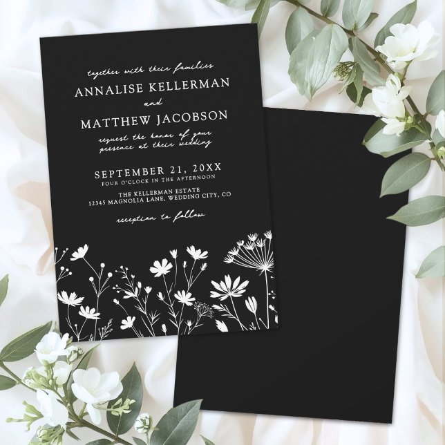 Convites Flor de Campo Preto Branco Casamento Floral (Wildflower Black White Floral Wedding Invitation)