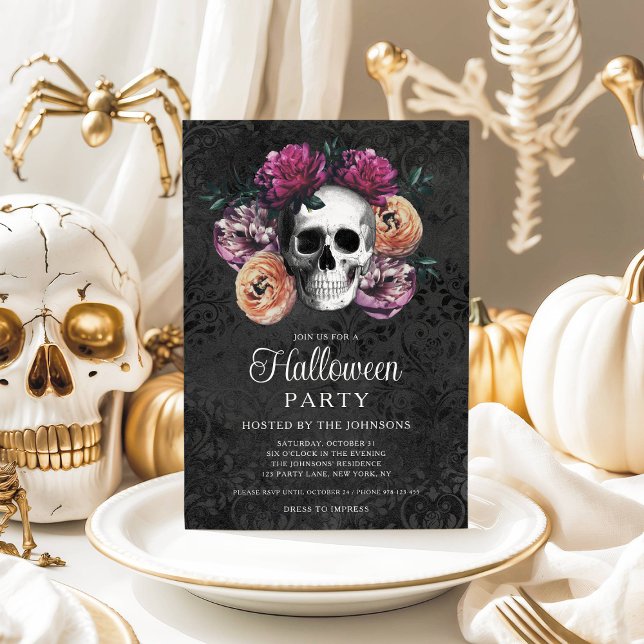 Convites Flor de Caveira Gótica Elegante de Halloween (Elegant Gothic Floral Skull Halloween Invitation)