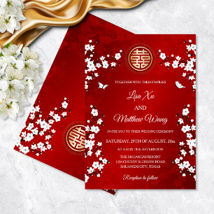 Convites Flor de Cerejeira Branca Casamento Chinês Vermel