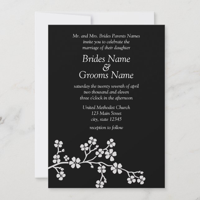 Convites Flor de cerejeira de prata & preta 5x7 Wedding (Frente)