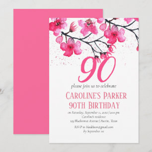 Convites Flor de Cerejeira Rosa Bege 90º Aniversário Floral