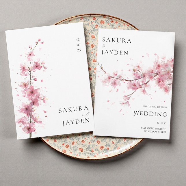 Convites Flor de Cerejeira Rosa Bege Casamento Japonês (Blush Pink Cherry Blossom Flower Japanese Wedding Invitation)