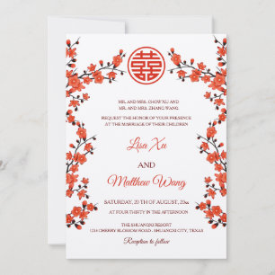 Convites FLOR DE CEREJEIRA VERMELHA BILÍNGUE   Casamento Ch