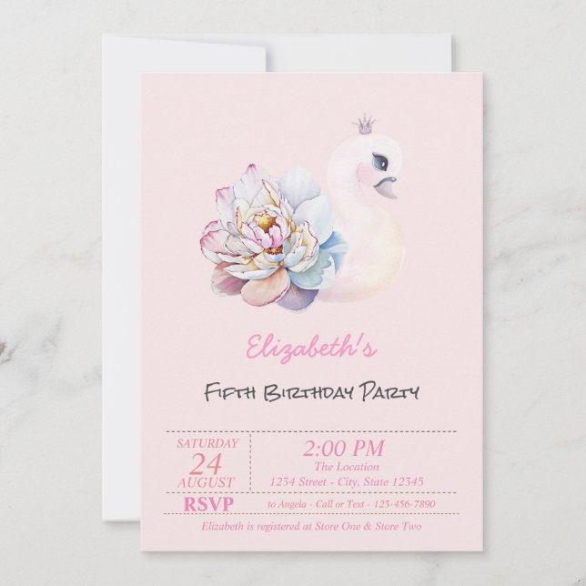 Convites Flor de Cisne Bebê Rosa Aniversário (Frente)
