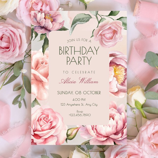Convites Flor de cor-de-rosa florescer aniversário (Criador carregado)