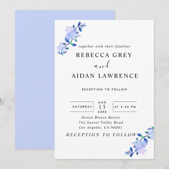 Convites flor de folhas em estilo aquarela azul empoeirado  (Frente/Verso)