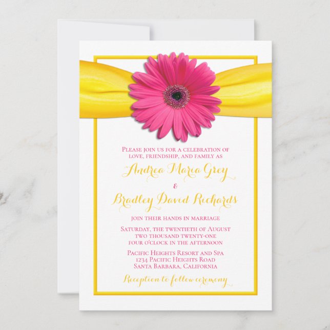 Convites Flor de Gerbera Rosa com Fita Amarela Casamento (Frente)