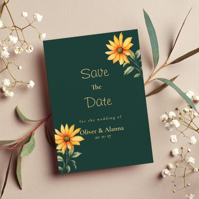 Convites Flor de girassol de ouro verde-laranja Salvar a Da (Orange green gold sunflower floral Save The Date )