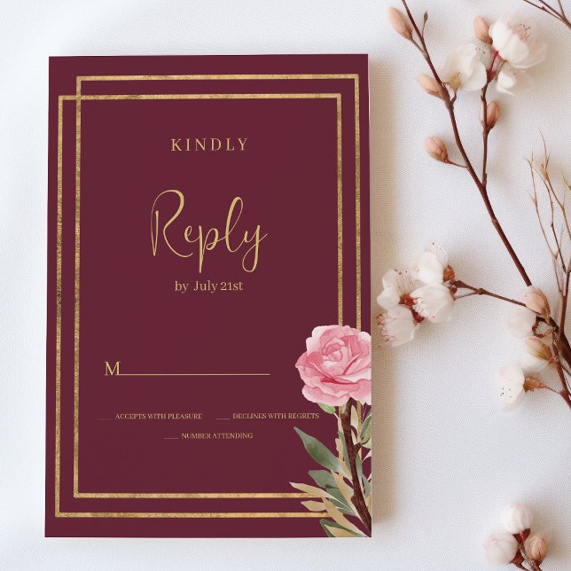 Convites Flor de hortelã-brava de ouro geométrico RSVP (Geometric burgundy gold pink mint flower RSVP)