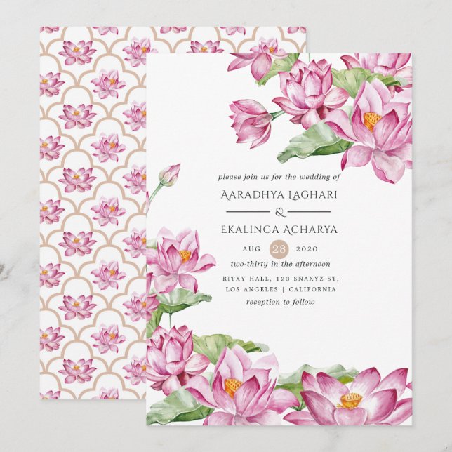 Convites Flor de Lótus Aquarela Casamento Indiano (Frente/Verso)