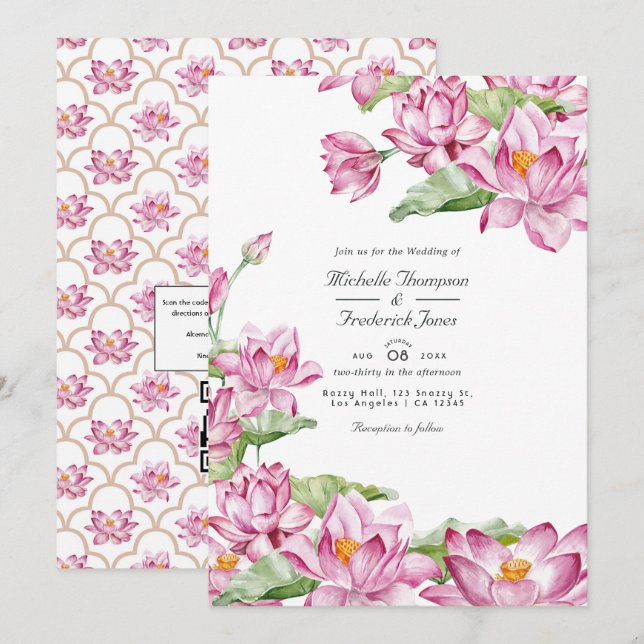 Convites Flor de Lótus Código QR Indiano RSVP Casamento (Frente/Verso)