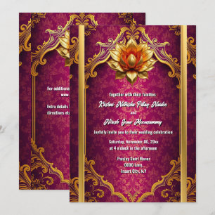 Convites Flor de lótus dourado ameixa hindi casamento hindu