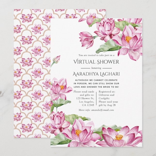 Convites Flor de Lótus em Aquarela Chuveiro Virtual Indiano (Frente/Verso)