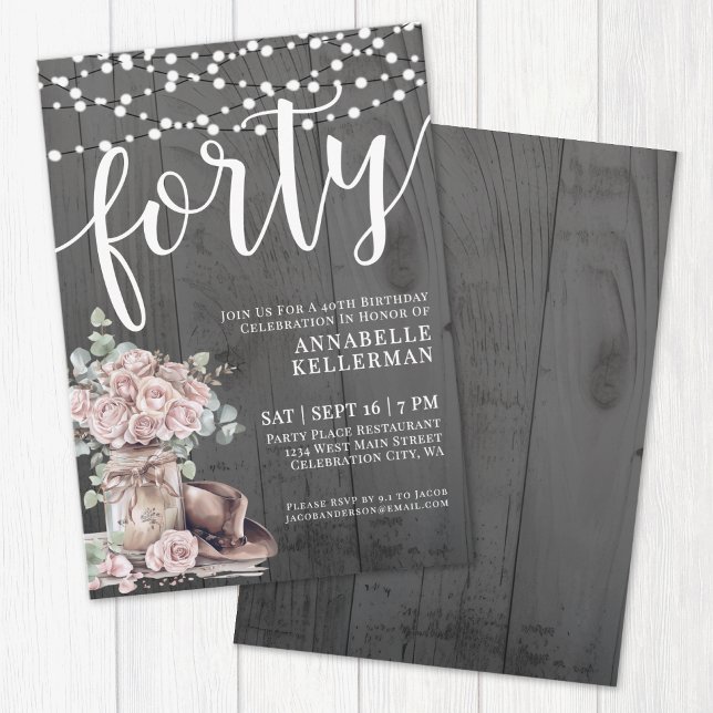 Convites Flor de Madeira Rústica Aniversário de 40 anos (Rustic Wood Floral 40th Birthday Invitation)