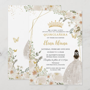 Convites Flor de Marfim Branco Princesa Dourada Quinceanera
