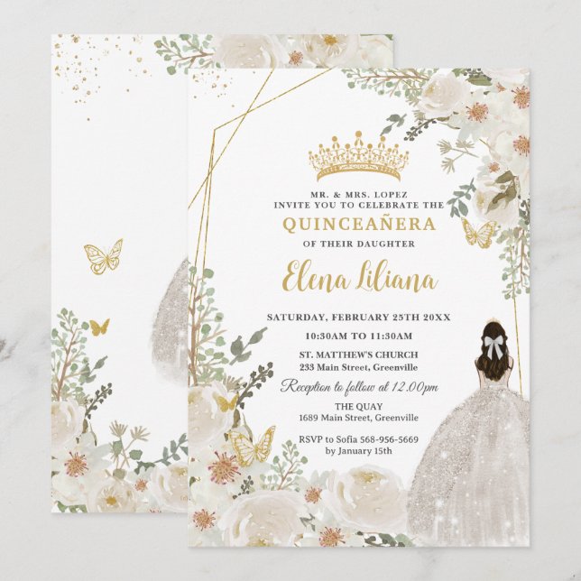 Convites Flor de Marfim Branco Princesa Dourada Quinceanera (Frente/Verso)