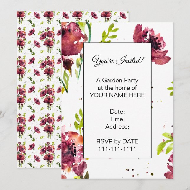 Convites Flor de Papoula em Aquarela (Frente/Verso)