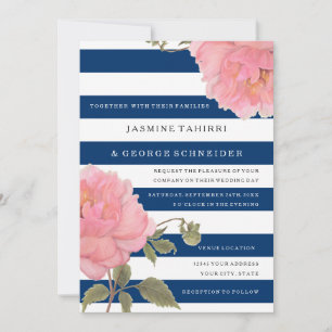 Convites Flor de Peônias Rosa, Floral, Amplas de Marinho, c