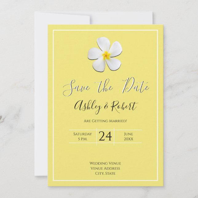 Convites Flor de Plumeria Branca em Amarelo, Data de Salvam (Frente)