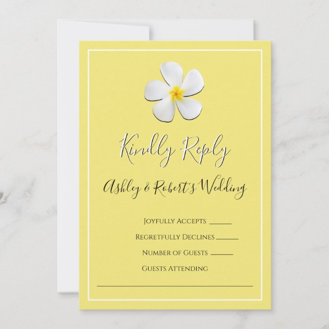 Convites Flor de Plumeria Branca em Amarelo, RSVP (Frente)