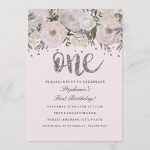 Convites Flor De Prata Rosa Brilhante Floral Um Primeiro An