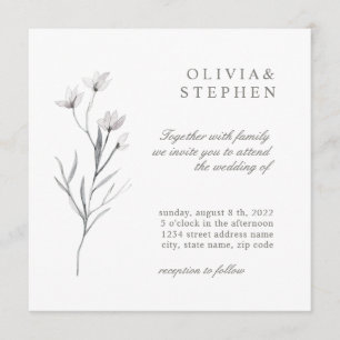 Convites Flor Elegante. Casamento branco preto simples