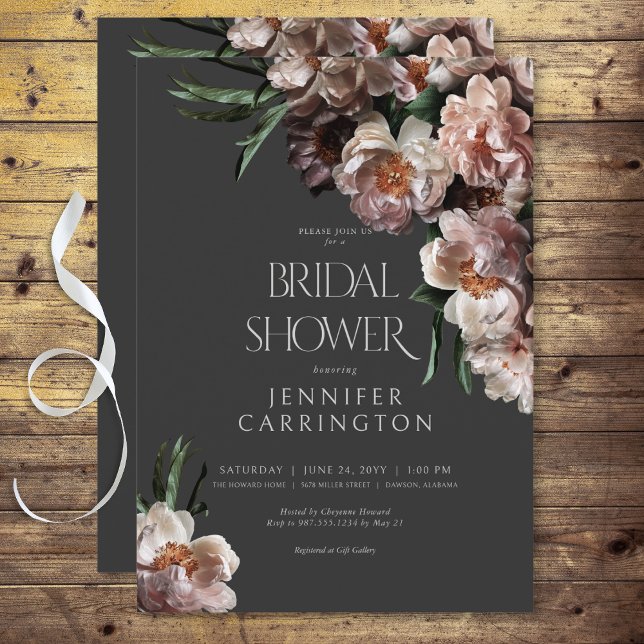 Convites Flor Moderno Escuro Brilha Chá de panela Preto (Modern Dark Flower Blossoms Black Bridal Shower Invitation)