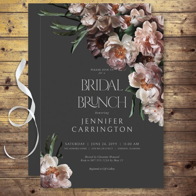 Convites Flor Moderno Escuro Brilha Negra Bridal Brunch (Modern Dark Flower Blossoms Black Bridal Brunch Invitation)