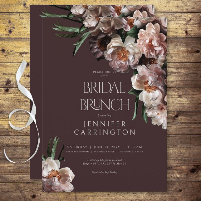 Convites Flor Moderno Escuro Flor Brilhante Bridal Brunch (Modern Dark Flower Blossoms Black Bridal Brunch Invitation)